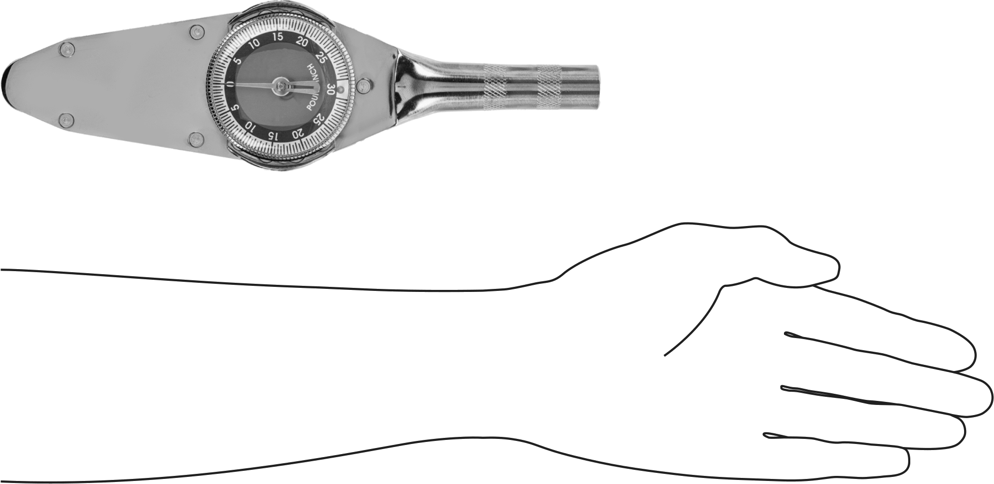 Çift Kadranlı Tork Ölçüm Anahtarı, 1/4" Kare Tahrik, 0 ila 30 in-Lbf