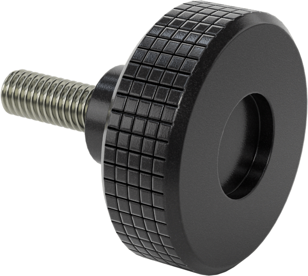 Siyah Polipropilen Tırtıllı Topuz, 3/8"-16 Dişli 1" Uzunlukta Saplama, 2" Baş Çapı