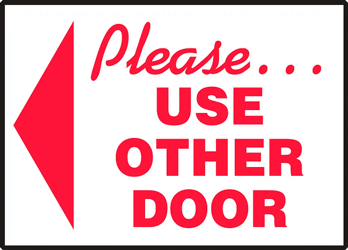 Kapı Etiketi, Lütfen... Diğer Kapı Mesajını Kullanın, Sol Oklu — Arrow, Please Use Other Door, Dikdörtgen, Yapışkan Arka Yüz