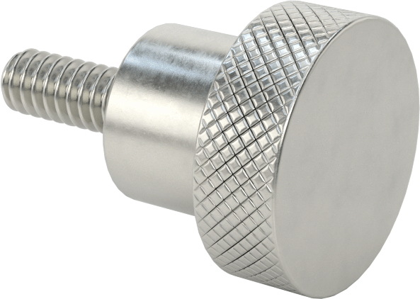 303 Paslanmaz Çelik Tırtıllı Düğme, 10-24 Dişli 1/2" Uzunlukta Saplama, 3/4" Baş Çapı — 10-24, 1⁄2", 303 Stainless Steel, Stainless Steel