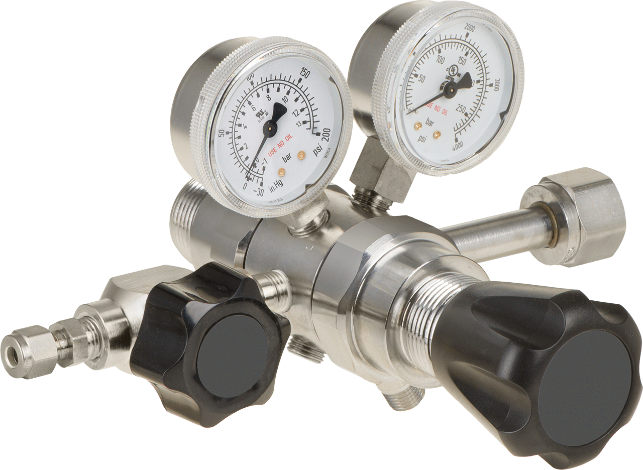 Yüksek Saflıkta Tank Montajlı Basınç Düzenleme Vanası, CGA 320 Dişi Giriş, Krom Kaplama Gövde, 2 Kademeli, 0-125 PSI