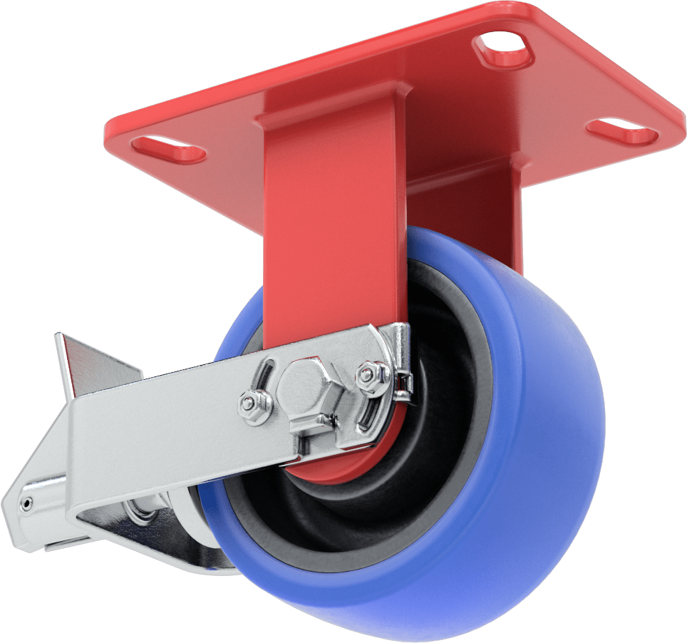 6-1/2" x 4-1/2" Plakalı Yüksek Kapasiteli Kingston Tekerlek, Frenli ve 5 inç Çaplı Mavi Poliüretan Tekerlekli Sabit