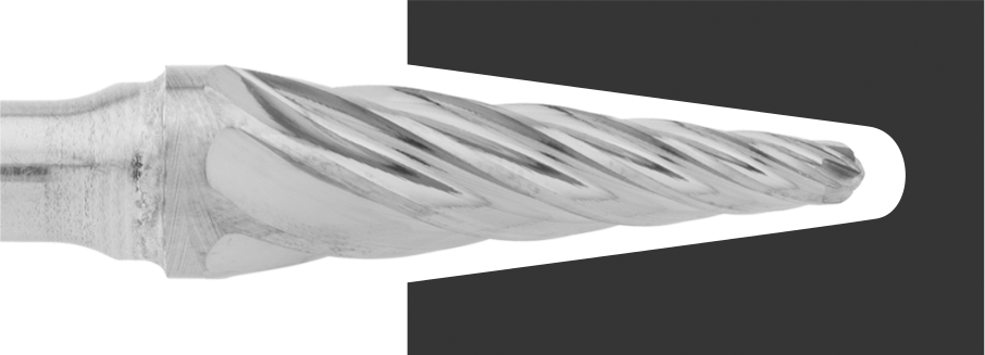 Yumuşak Metaller ve Plastikler için Karbür Frez, Yuvarlak Konik, 1/4" Baş Çapı