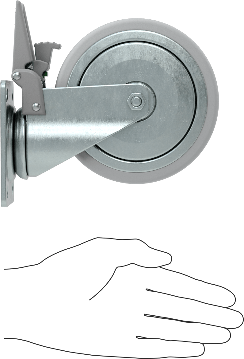 3-3/4" x 2-3/4" Plakalı Parlak Yüzeyli Tekerlek, Tam Kilitli ve 5 inç Çapında Kauçuk Tekerlekli Döner Tekerlek