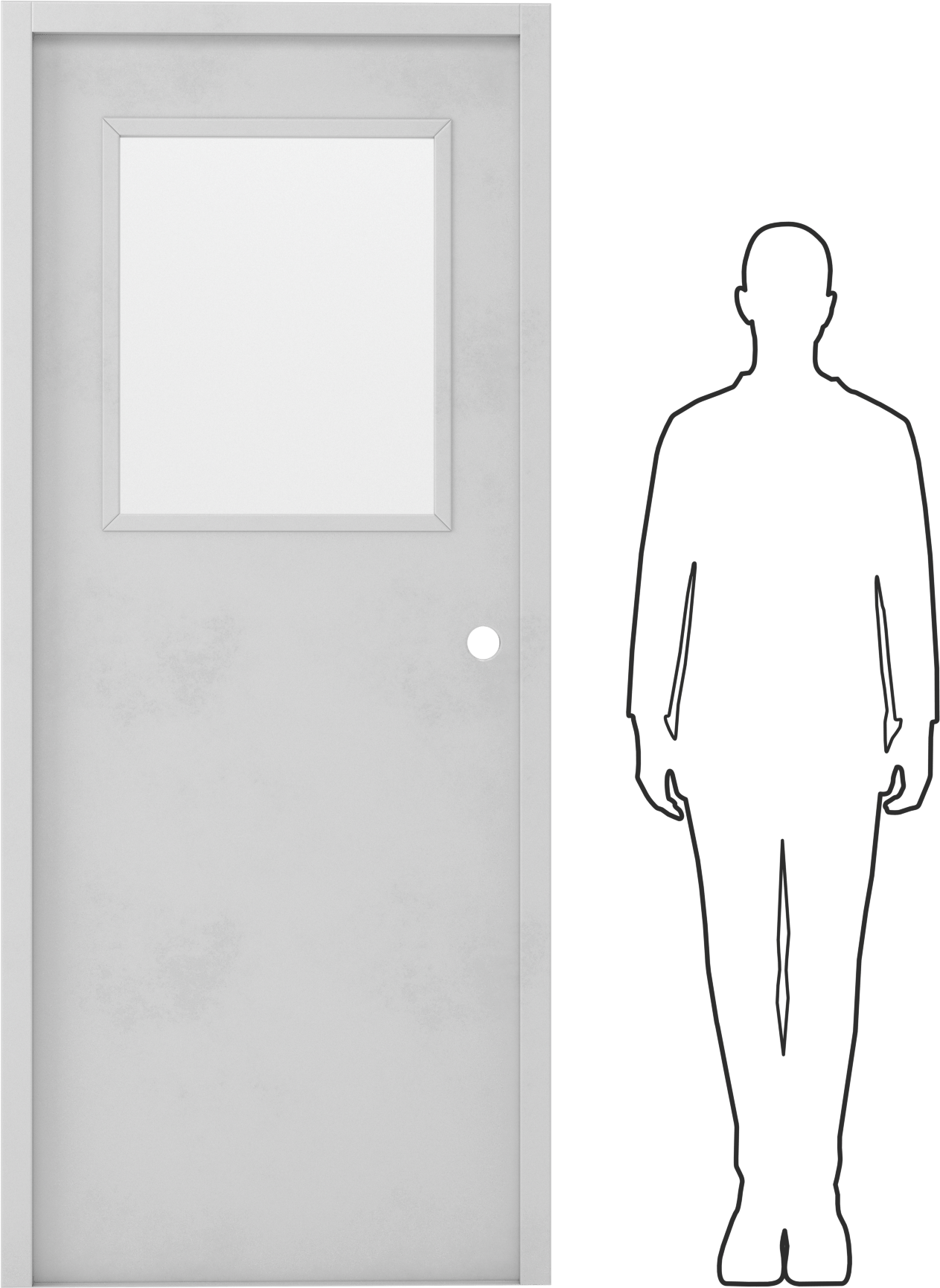 Çelik Tek Kapı, Sola Dönüş, Yarım Kapı Penceresi, 32" x 80" Çerçeve Açıklığı