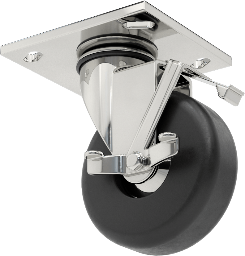 4-1/2" x 4" Plakalı Parlak Yüzeyli Tekerlek, Frenli ve 4" Çapında Kauçuk Tekerlekli Döner Tekerlek
