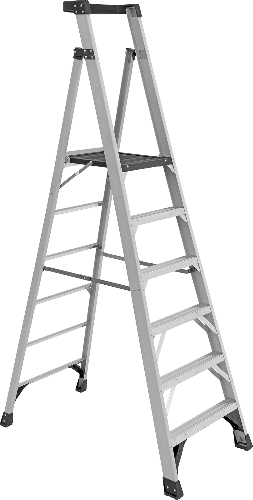 Fiberglas Platform Basamaklı Merdiven, Tip 1AA, 9 Fit Yükseklik x 32" Genişlik x 56" Derinlik Toplam — 6 ft., Alüminyum, Fiberglas, 9 ft.