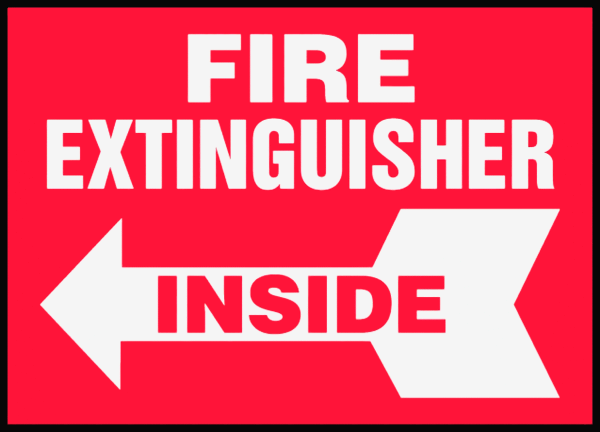 Yangın Ekipmanı Etiketi, Sol Oklu, İçeride Yangın Söndürücü Mesajı — Arrow, Fire Extinguisher Inside, 3 1⁄2", Yapışkan Arka Yüz