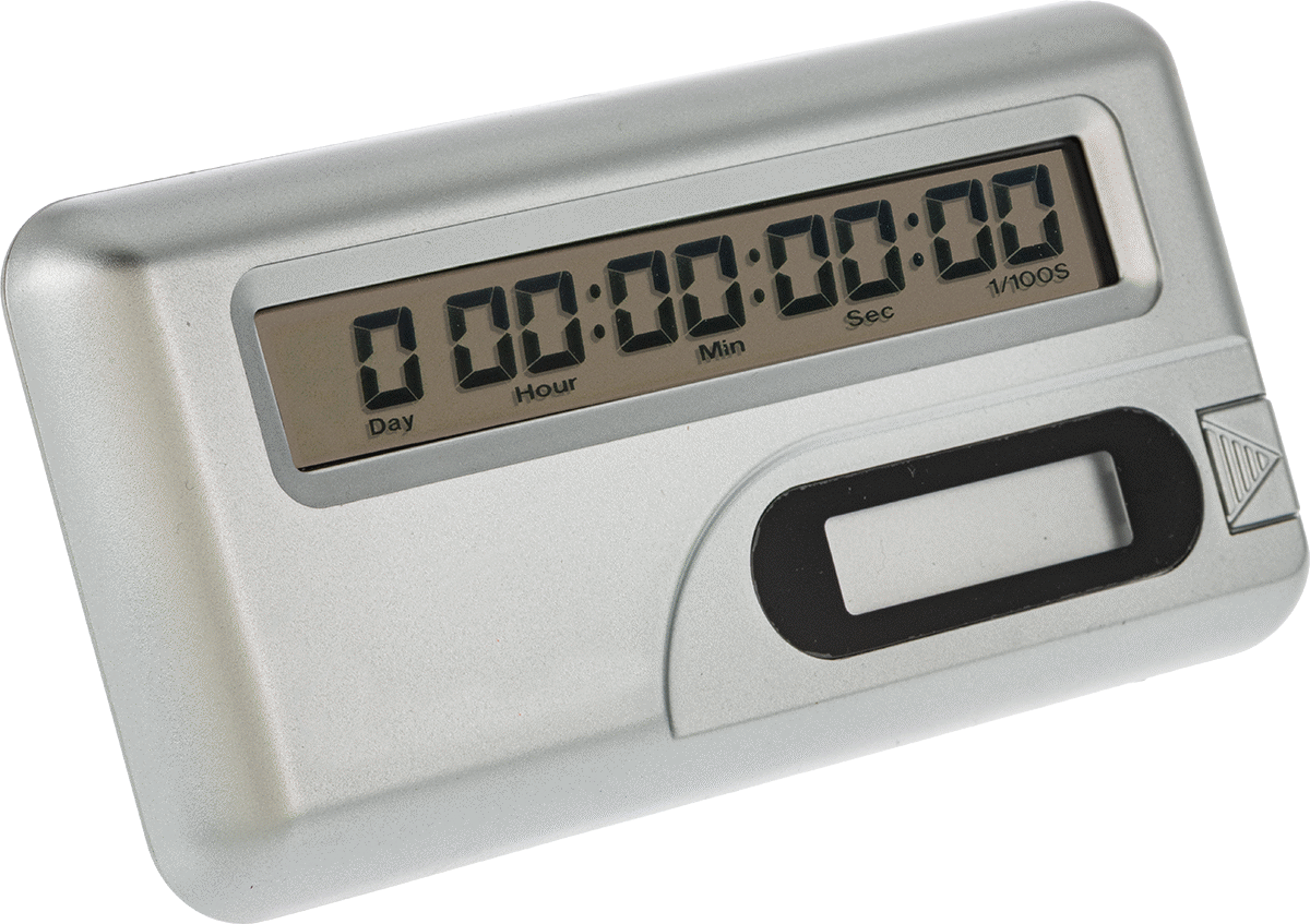 Dijital Zamanlayıcı, Sertifikalı, Yukarı/Aşağı Sayma ve Saat İşlevleri, 5" Genişlik, Gümüş — Pil, Clock, Count Down, Count Up, 3.000 gün