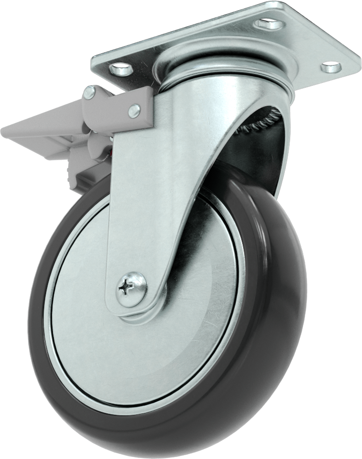 3-3/4" x 2-3/4" Plakalı Statik Kontrol Tekerlek, Kilitli ve 5" x 1-1/4" Siyah Tread-on-Core Kauçuk Tekerlekli Döner Tekerlek
