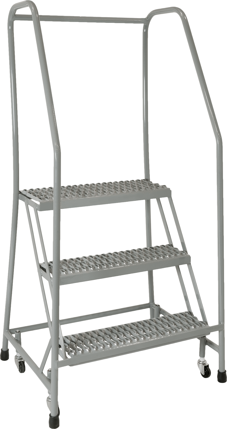 Çelik Yuvarlanan Platform Merdiveni, 3 adet tırtıklı basamaklı, 5' Yükseklik x 30" Genişlik x 26" Derinlik Toplam, Gri — 30", 3, 24"