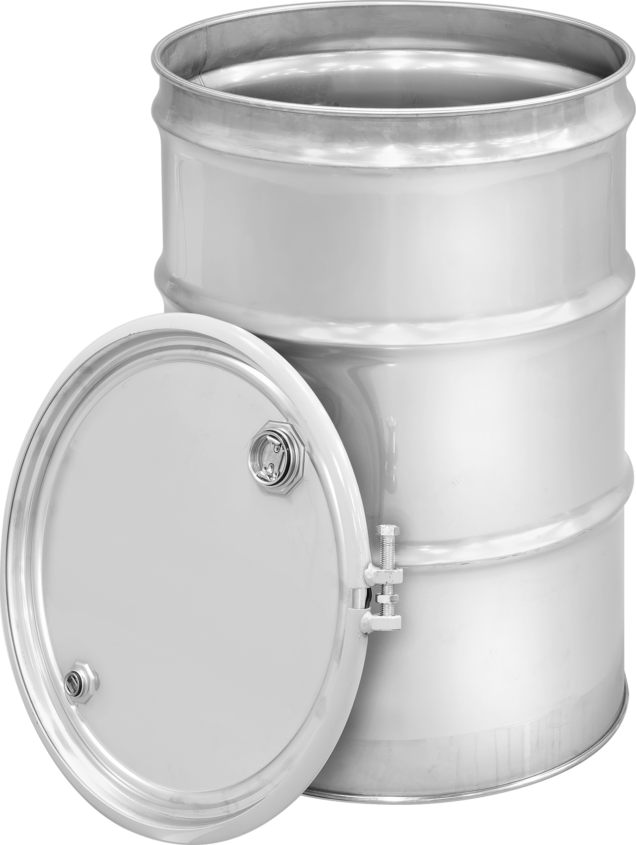 Paslanmaz Çelik Varil, 316 Paslanmaz Çelik, Halkalı ve 2 Açıklıklı Kapaklı Açık Başlık, 55 Galon — 55 gal., 316 Stainless Steel, Stainles…