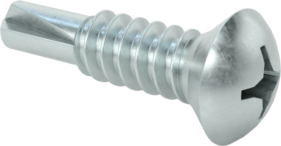 Metal için Oval Başlı Delme Vidaları, Çinko Kaplı Çelik, 1/4" Vida Boyutu, 1" Uzunluk