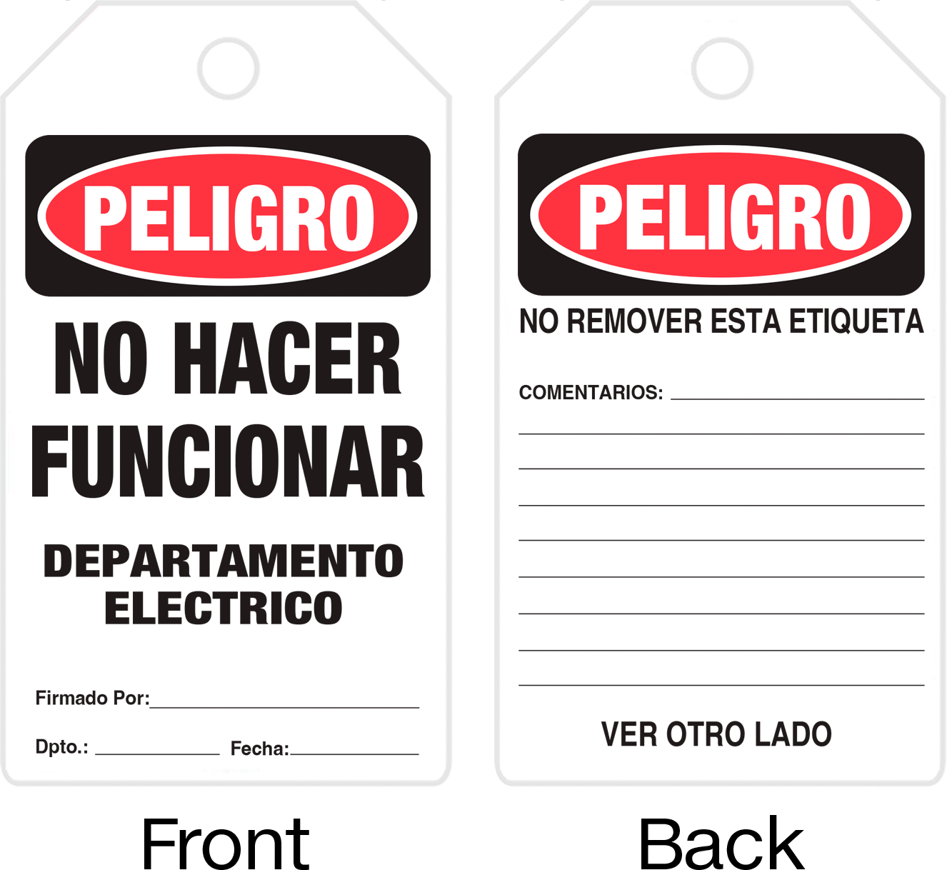 Kilitleme/Etiketleme Etiketleri, (Peligro - Departmanı Çalıştırmayın...) — Peligro—No Hacer Funcionar Departamento Electrico; Peligro—Bu…