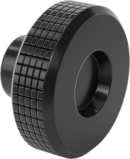 Siyah Polipropilen Tırtıllı Topuz, 5/16"-18 Dişli Delik, 1-9/16" Baş Çapı — 5⁄16"-18, Tırtıllı Başlık, Polipropilen