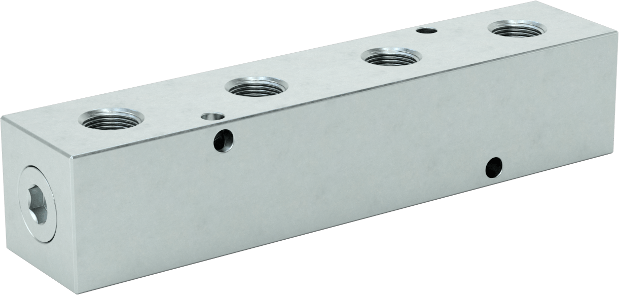 Düz Akışlı Dikdörtgen Manifold, Çinko Kaplı Çelik, Ekstra Geniş, 4 Çıkış, 1 NPT x 3/4 NPT — 4, Çinko Kaplı Çelik, Bir adet Yan Parça