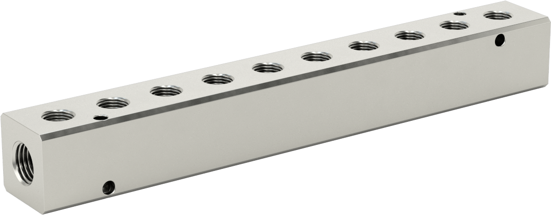 Nikel Kaplı Alüminyum Dik Açılı Akış Manifoldu, Bir Tarafında 10 Çıkışlı, 1/4 NPT x 1/8 NPT