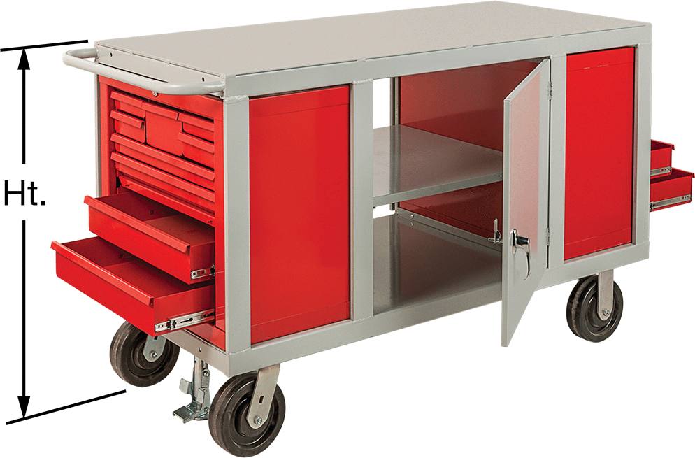 Ağır Hizmet Tipi Büyük Kapasiteli Dolaplı Tezgah, Gri Toz Boyalı Çelik Üstlü Mobil