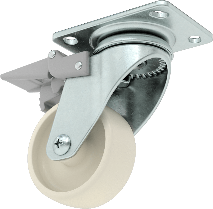 3-3/4" x 2-3/4" Plakalı Parlak Yüzeyli Tekerlek, Tam Kilitli ve 3 inç Çapında Naylon Tekerlekli Döner Ayak