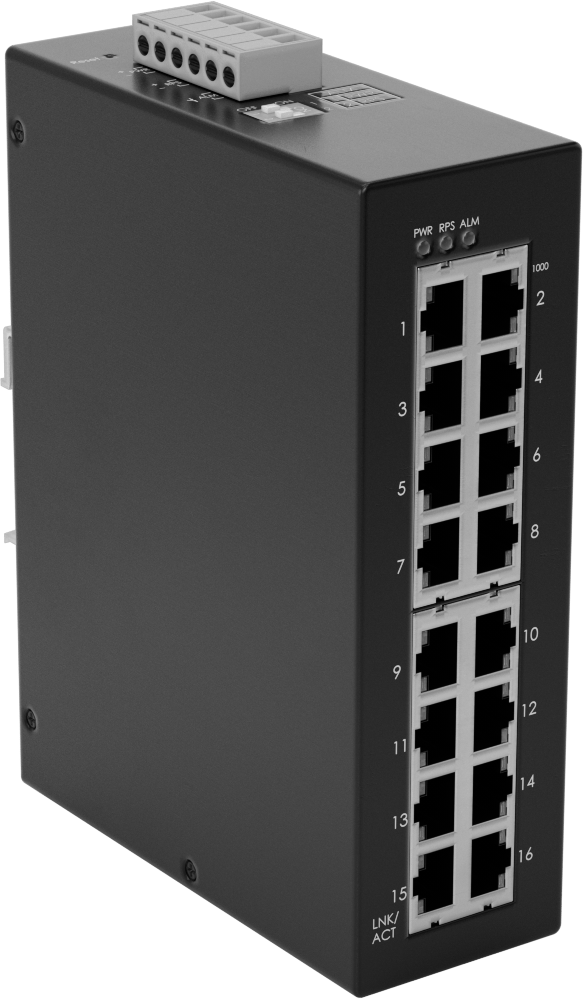 Cihaz Öncelikli Ethernet Anahtarı, 16 RJ45 soketli, DIN Rayı Montajı — 12V DC ila 60V DC, DIN Rail, 1 Gbit/s