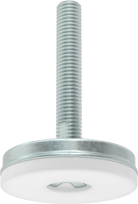 Dişli Saplama ve Yastıklı Sert Seviyelendirme Montajı, Çinko Kaplı ve Naylon, M10 x 1.5mm, 51 mm Diş Uzunluğu, 52 mm Taban