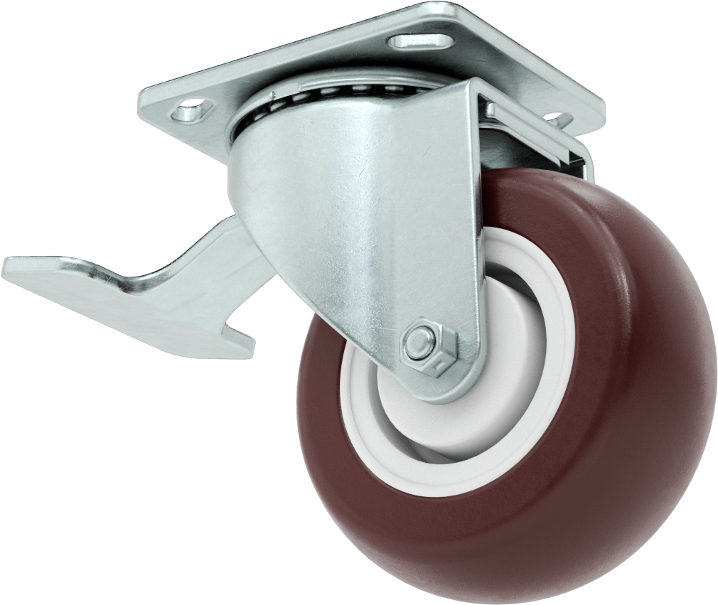 4-5/8" x 3-3/4" Plakalı Kolay Dönen Tekerlek, Yüksek Kapasiteli, Kilitli ve 5 inç Çapında Kırmızı Poliüretan Tekerlekli Döner Ayak