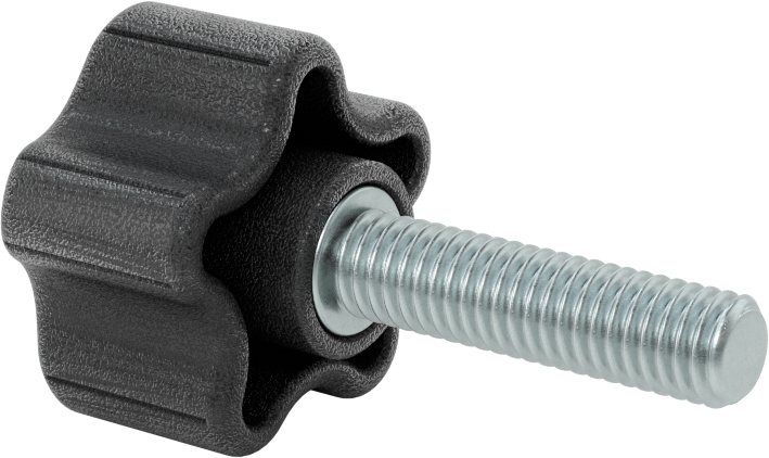 Rahat Tutuşlu Plastik Beş Kollu Topuz, 3/8"-16 Dişli 1-1/2" Uzunlukta Saplamalı, 1-1/2" Genişlik Başlık