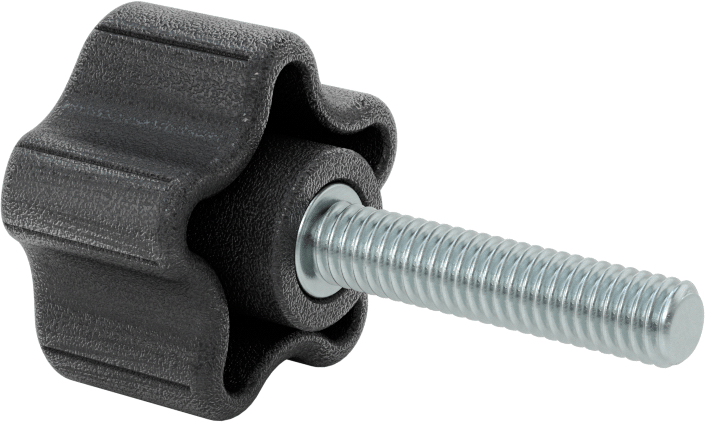 Rahat Tutuşlu Plastik Beş Kollu Topuz, 5/16"-18 Dişli 1-1/2" Uzunlukta Saplama, 1-1/2" Genişlik Başlık