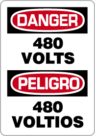 İngilizce/İspanyolca Polipropilen Yapışkanlı Levha, Tehlike - 480 Volt Mesajı