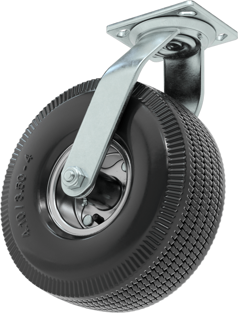 4-1/2" x 4" Plakalı Tekerlek, Frenli Döner Tekerlek, 10" Çaplı Sert Kauçuk Pnömatik Disk