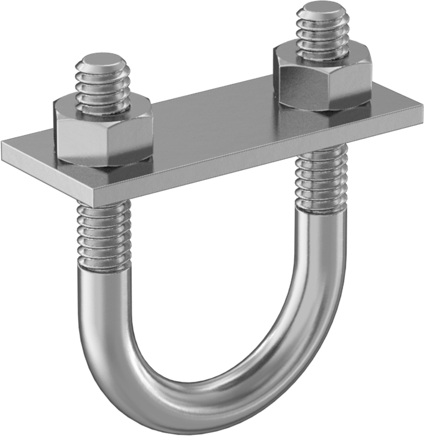 U Cıvatası, Montaj Plakalı, Çinko Kaplı Çelik, 1/4"-20 Diş Boyutu, 1" İç Çap
