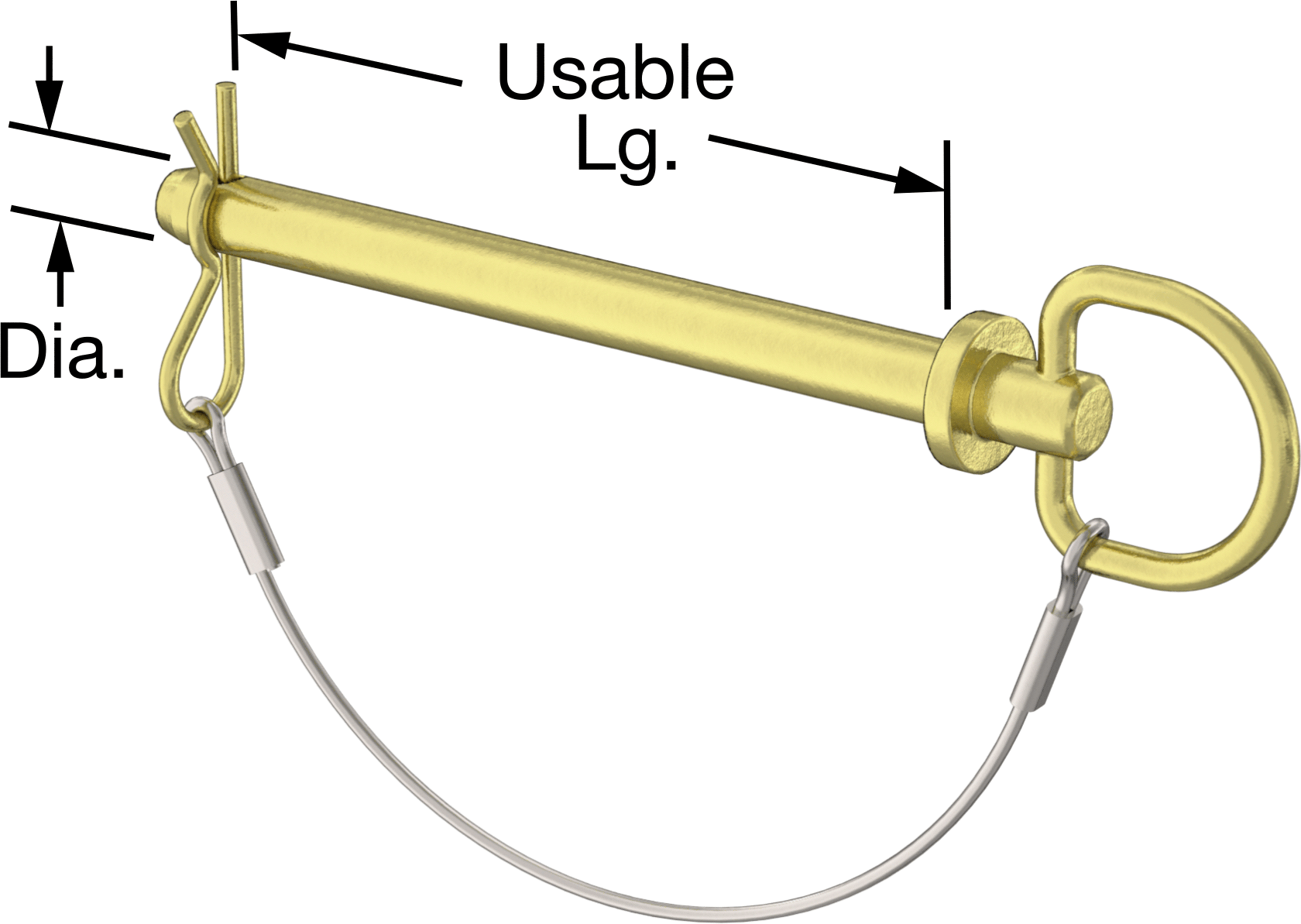 Kopilyalı Bağlı Döngü Tutucu Çatal Pimi, 1541 Karbon Çelik, 3/8" Çap, 4" Kullanılabilir Uzunluk