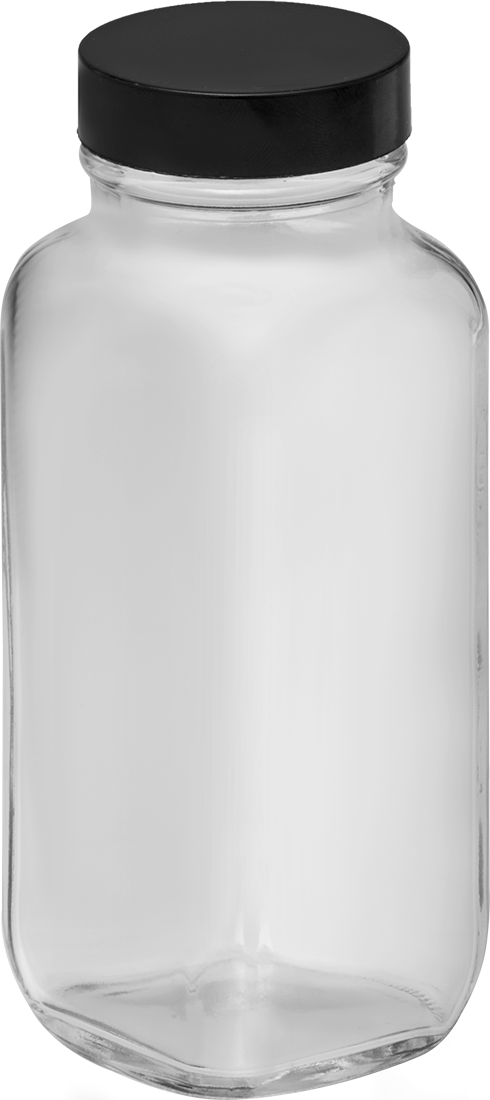 Kare Cam Kavanoz, PTFE Plastik Contalı, 8 FL oz/235 ml Kapasite — Glass, Phenolic, Plastic, PTFE, Soda-Lime Glass, 8 fl. oz., 235 ml, Siy…