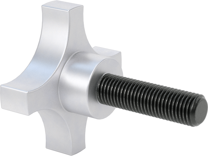 Alüminyum dört kollu topuz, 1/2"-13 Dişli 1-3/4" Uzunlukta Saplamalı, 9/16" Baş Yüksekliği