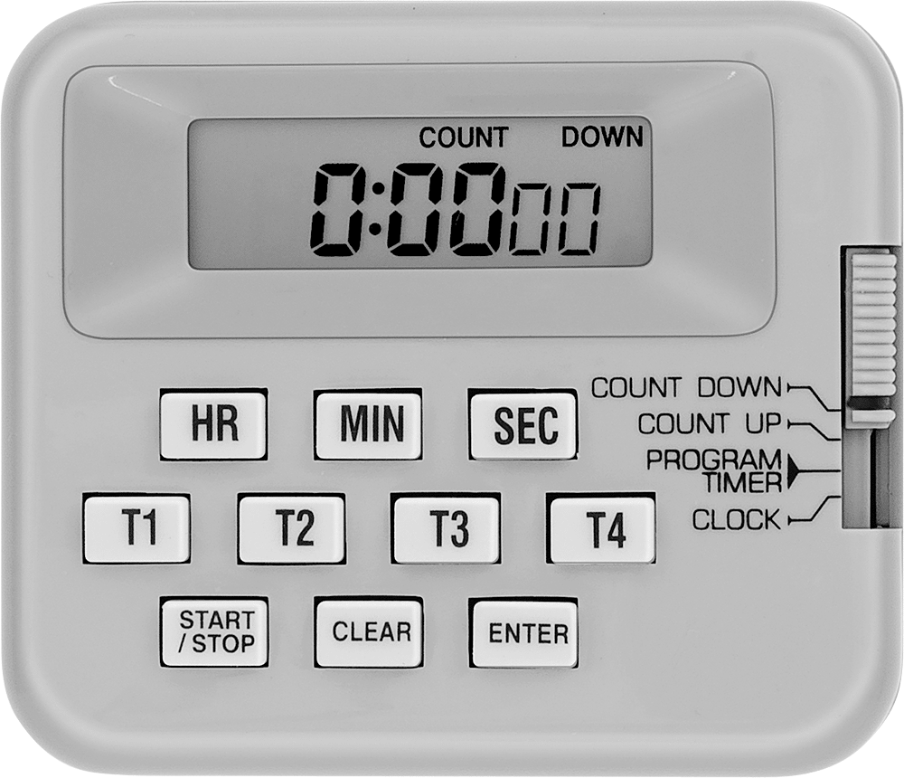 Dijital Zamanlayıcı, İleri/Geri Sayım, Duraklatma ve Saat İşlevleri, 2-3/8" Yükseklik, Gri — Pil, Clock, Count Down, Count Up, Pause, 100…