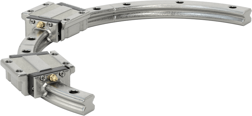 Eğriler için Bilyalı Rulmanlı Taşıyıcı ve Kılavuz Ray, 100 mm Bükülme Yarıçaplı Yarım Yuvarlak Ray, 310 mm Uzunluk — 12 mm, 39 mm, 45 mm