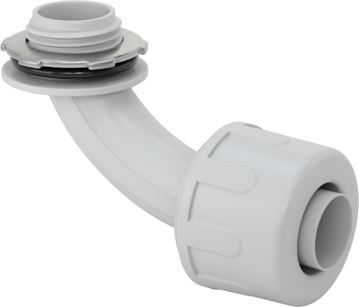 Sıvı Geçirmez Esnek Plastik Kanal Adaptörü, 90 Derece Dirsek, 1/2 Geçmeli Dişi x 1/2 NPT Erkek, Gri — 1⁄2, 90° Dirsek, Nylon, Plastic