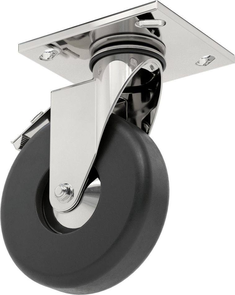 4-1/2" x 4" Plakalı Parlak Yüzeyli Tekerlek, Frenli Döner Tekerlek ve 5" Çaplı Kauçuk Tekerlek — 5", Levha, 4"