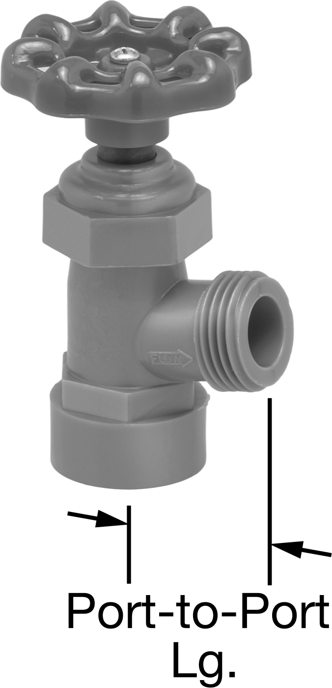 Asetal Gövde Akış Ayar Valfi, 70 Derece Dirsek, 1/2 NPT Dişi x 3/4 GHT Erkek — Acetal, Plastic, Tekerlek, 70° Dirsek