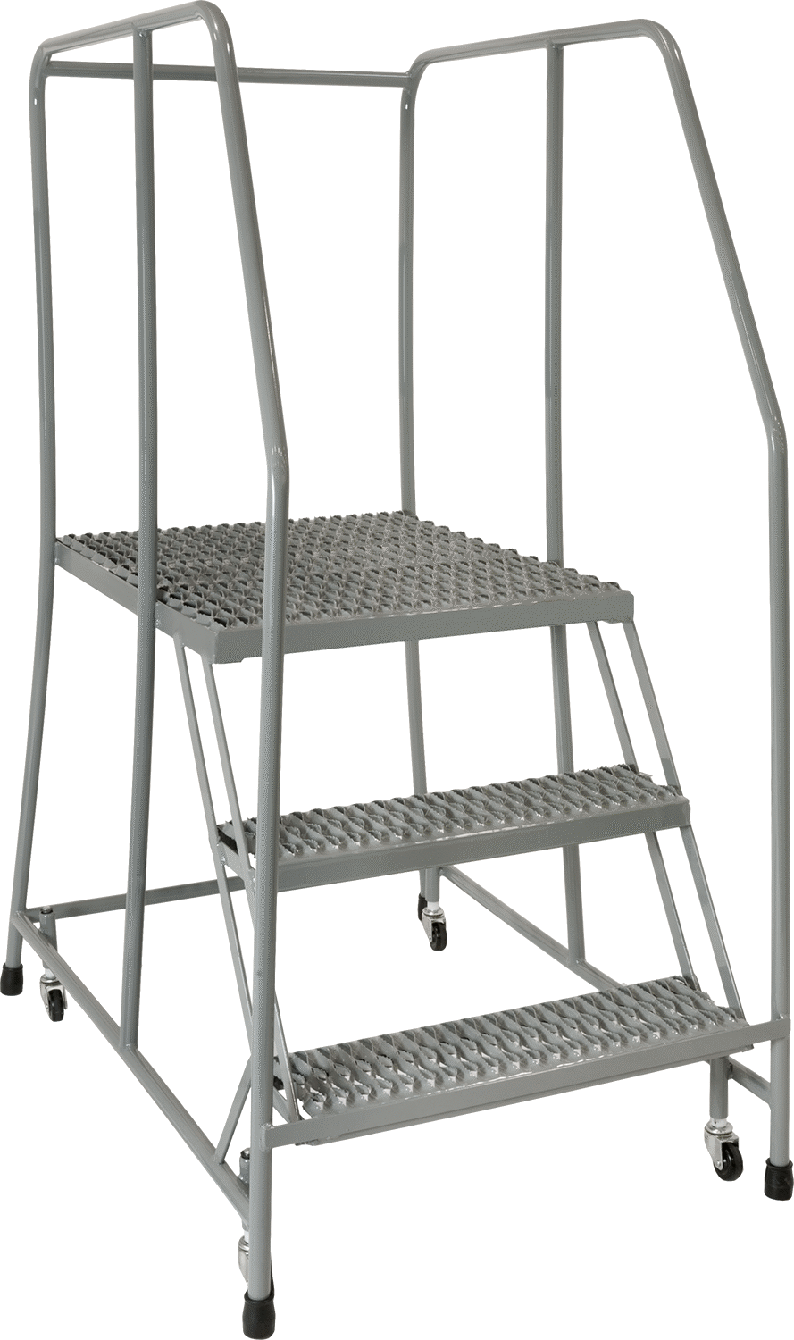 Çelik Yuvarlanan Platform Merdiveni, 3 adet tırtıklı basamaklı, 5' Yükseklik x 30" Genişlik x 46" Derinlik Toplam, Gri — 30", 3, 24"