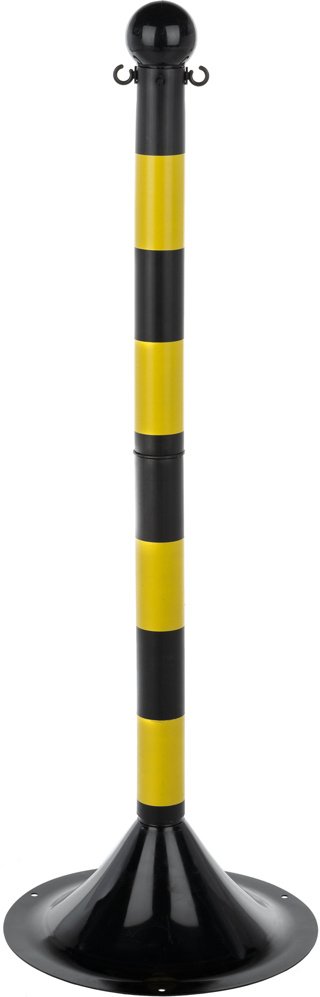 Yuvarlak, 41" Yüksekliğinde Siyah/Sarı Çizgili Zincir Bariyer Direği — Plastic, Polyethylene, Dış Mekan