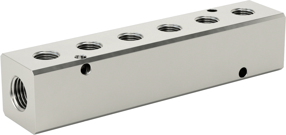Nikel Kaplı Alüminyum Dik Açılı Akış Manifoldu, Tek Tarafta 6 Çıkışlı, 1/4 NPT x 1/8 NPT