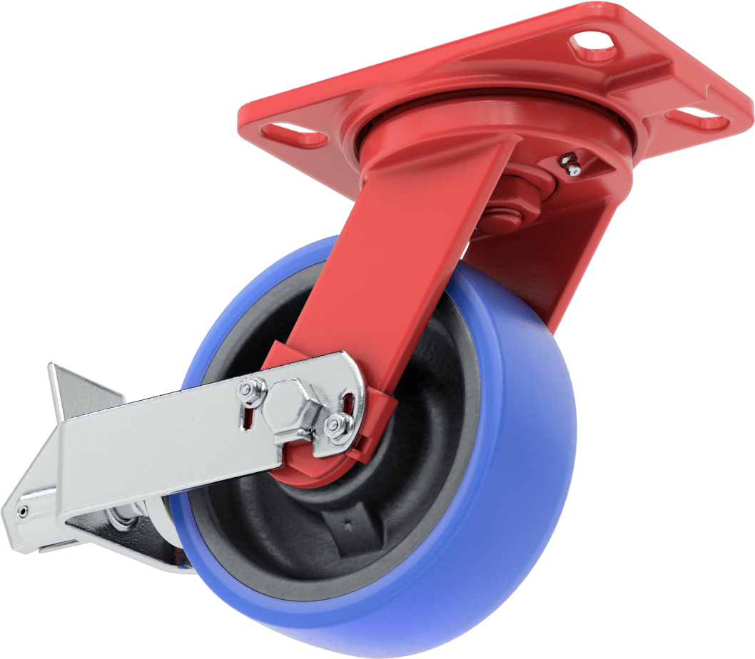 6-1/2" x 4-1/2" Plakalı Yüksek Kapasiteli Kingston Tekerlek, Frenli Döner Tekerlek ve 6" Çapında Mavi Poliüretan Tekerlek