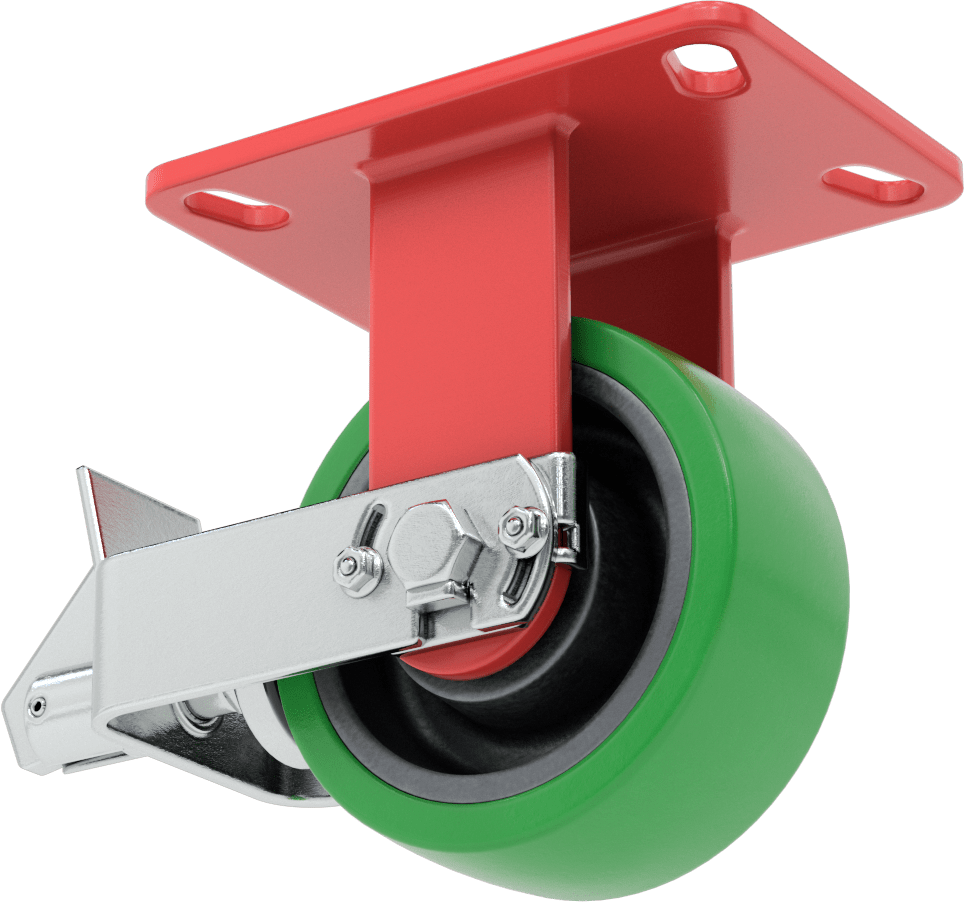 6-1/2" x 4-1/2" Plakalı Yüksek Kapasiteli Kingston Tekerlek, Frenli ve 5 inç Çapında Yeşil Poliüretan Tekerlekli Sabit