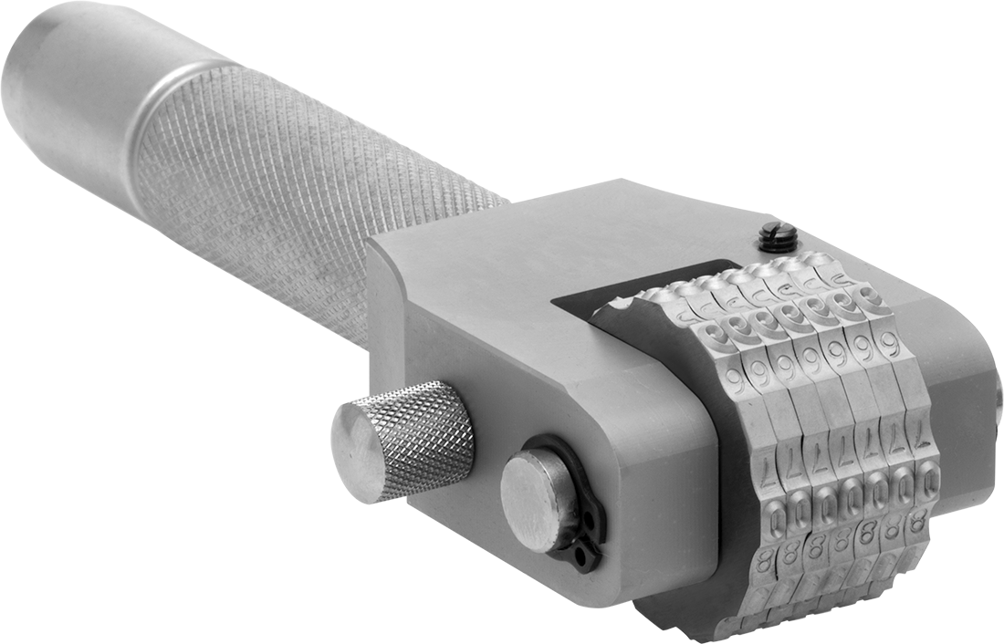 Dönen Çelik Damga, 7 Tekerlekli, 1/8" Karakter Yüksekliği — 1/8", Çelik, Rockwell C35
