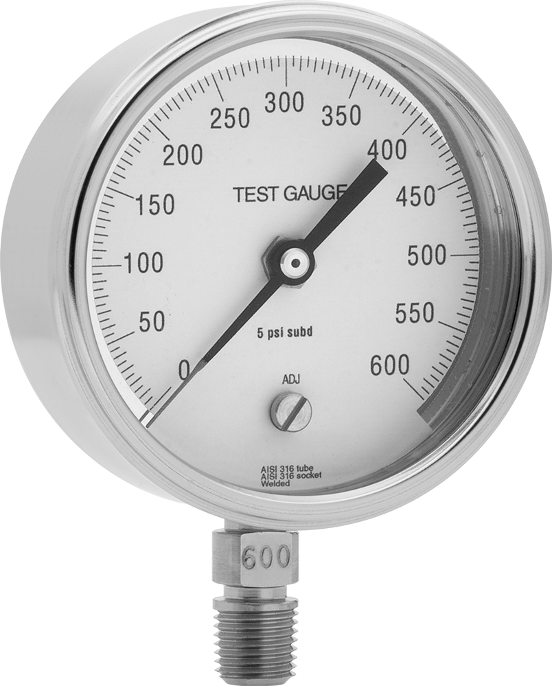Paslanma ve Aşınmaya Dayanıklı Basınç Test Göstergesi, 4-1/2" Kadran, 1/2 NPT Erkek Alt Bağlantı, 0-600 PSI