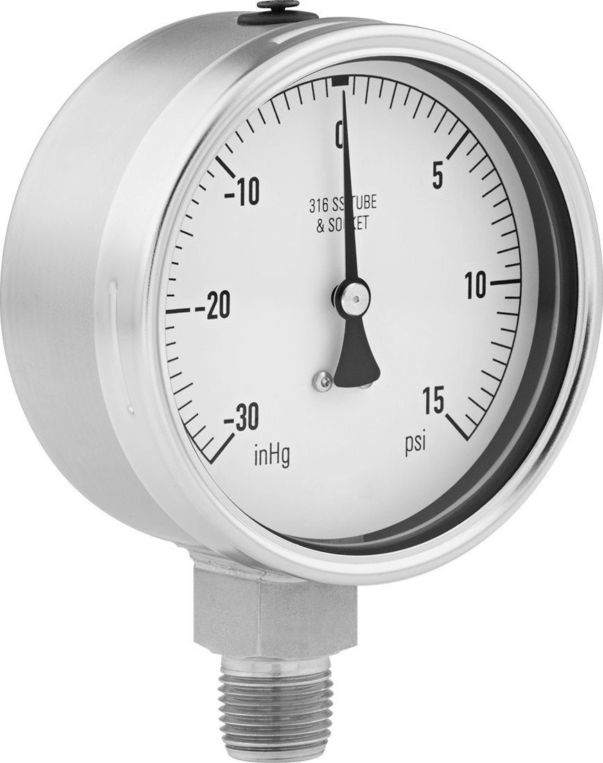 Paslanma ve Aşınmaya Dayanıklı Ölçer, Bileşik, 4" Kadran, 1/2 NPT Erkek Alt Bağlantı, 0 ila 15 PSI