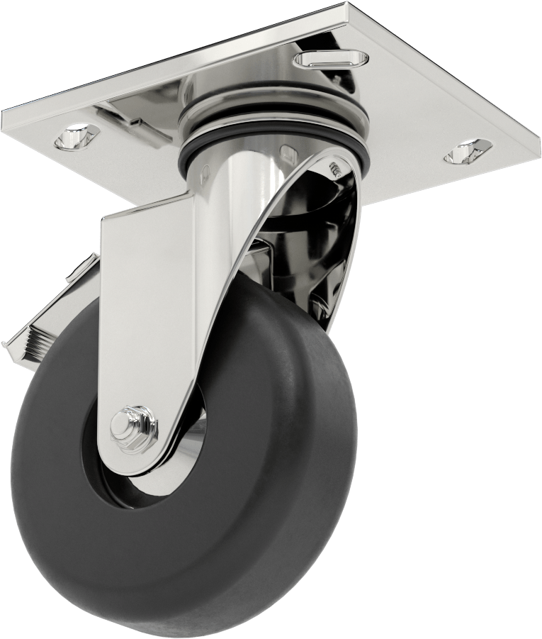 4-1/2" x 4" Plakalı Parlak Yüzeyli Tekerlek, Frenli ve 4" Çapında Kauçuk Tekerlekli Döner Tekerlek — 4", Levha, 4"