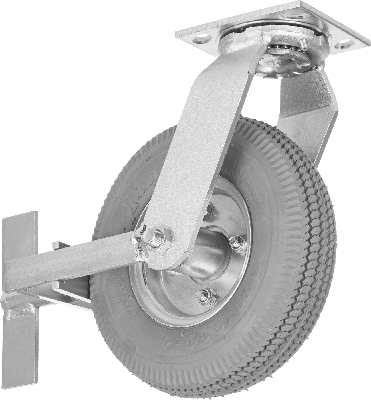 4-1/2" x 4" Plakalı Tekerlek, Frenli ve 8 inç Çapında Gri Kauçuk Pnömatik Tekerlekli Döner Ayak — 8", Pnömatik, Döner