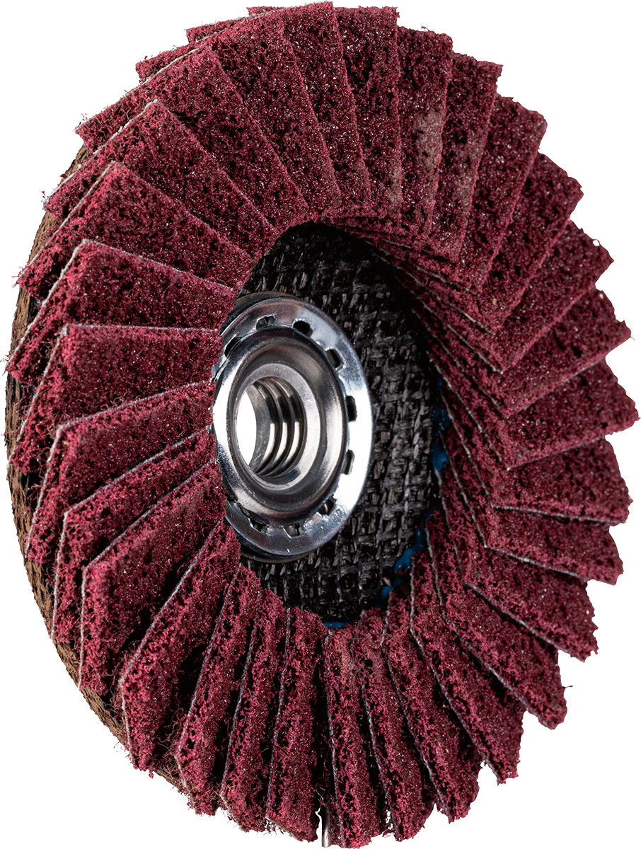 Naylon Örgü Yastıklı Kanatlı Zımpara Diski, Dişli Mil Deliği Olan Düz Parça, Orta Sınıf, 4-1/2" Çap — 4 1/2", Mil, Çelik, Ahşap